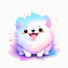 Cute white fluffy dog on watercolor background. illustration.