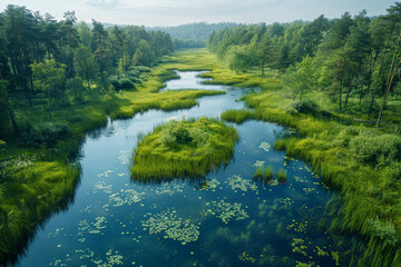 Overhead drone photo of a bustling wetland ecosystem during spring, full of life and color intermediary. AI generated.