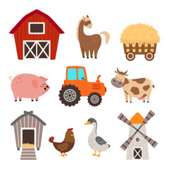 cartoon set with animals, farm building