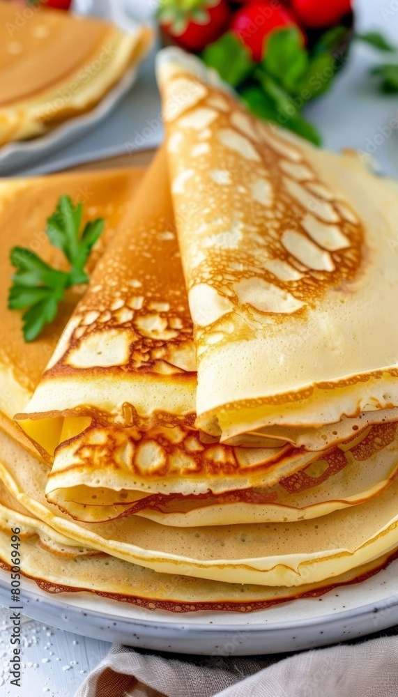 Poster rolled pancakes on light background, top view with ample space for text placement