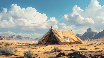 A tent encampment in a desert environment Bedouin tents in the Sahara Desert, Camp in the desert tent with clear blue sky above it, Generative Ai  - obrazy, fototapety, plakaty