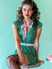 A sensual and flirty pin-up girl sitting on a stool