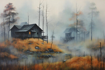 inspiring wooden house fog, abstract landscape art, painting background, wallpaper