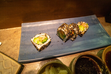 sushi plate in the maido japanese restaurant in lima