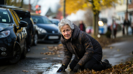 Elderly Woman Falling On Wet Street During Autumn Season