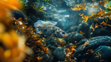 Underwater Shot of Fish Trapped in Plastic Bag Amongst Vibrant Seaweed