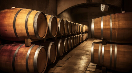 Winery basement with wooden barrels and racks of old wine bottles. AI generated.