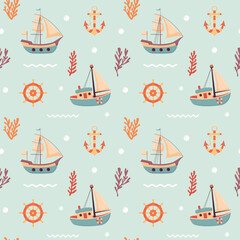 Nautical seamless pattern with cute sailing ships, anchor, ship's rudder  © Julia G art