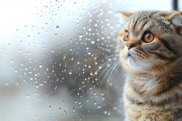 窓ガラス越しに梅雨の雨空を見つめるかわいいスコティッシュフォールド
