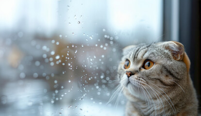 窓ガラス越しに梅雨の雨空を見つめるかわいいスコティッシュフォールド
