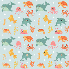 Nautical seamless pattern with cute sea animals. Marine print for fabric