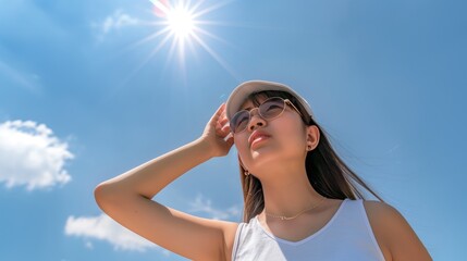 a woman sweating on a hot day. heat stroke. hot summer. exhausted from the heat. Extreme weather conditions.