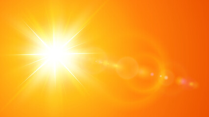 Sunny background, orange sun with lens flare, hot weather concept, summer background  illustration.