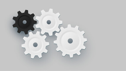 3D white gears and cogs on gray, cooperation concept technology background with copy space.