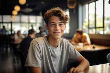Smiling Teenage Boy Relaxing in a Busy Cafe Environment during the Day