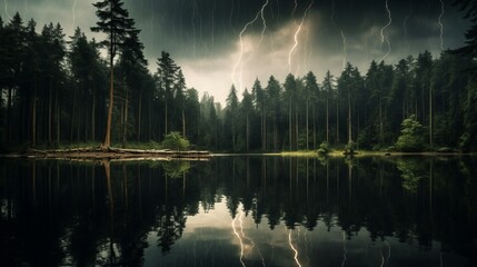 A lake in the forest on which lightning is reflected