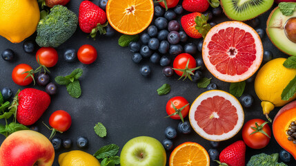 A colorful collection of fresh fruits and vegetables like apples, oranges, bananas, and strawberries. Healthy eating and nutrition banner or poster. Generative ai illustration.