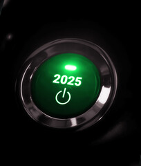 2025 Button New Year Style background with glowing red light. Power button to new year concept...