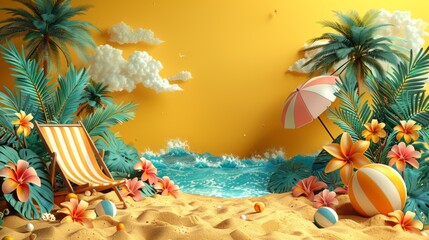 Summer Sale Podium with Vibrant Beach Scene, Palm Trees, and Flowers