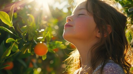A young girl intimately engaging with the scent of a fresh citrus fruit in a sunlit grove. A young girl inhales the fresh scent of an orange amidst the warm glow of a citrus grove at sunset. AIG50