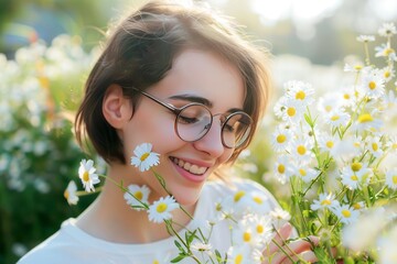 Young Woman Enjoying a Sunny Day in a Field of Daisy Flowers