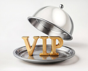 3d illustration render of a silver tray with a golden word text sign VIP acronym of very important person on top of it