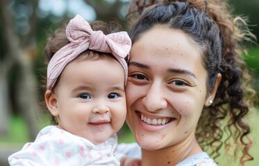 Smiling Young Mother Holding Her Happy Baby Girl Outdoors During the Day