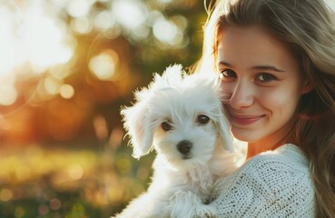 Smiling Young Girl Holding a Fluffy White Dog Outdoors