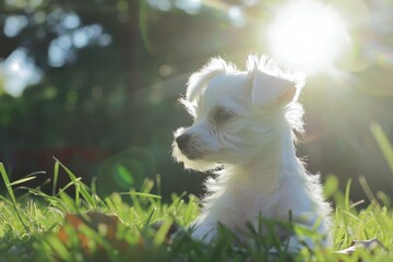 Small White Dog Enjoying the Warmth of a Sunlit Day in Lush Green Park