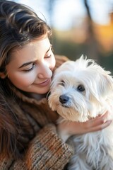 Smiling Young Girl Holding a Fluffy White Dog Outdoors