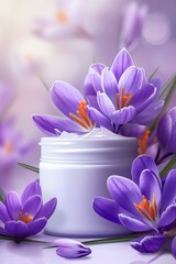 Blooming Purple Crocuses Surrounding a Jar of Moisturizing Cream in a Spring Setting