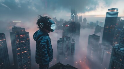 Fototapeta na wymiar A person stands above a foggy cityscape wearing a gas mask, suggesting a dystopian scene or protection against pollution with a futuristic urban backdrop.