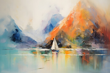 inspiring mountain sailing near sailboat, abstract landscape art, painting background, wallpaper
