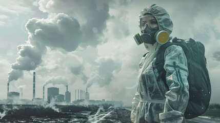 A person in hazmat gear with a gas mask stands before an industrial backdrop with smokestacks emitting plumes of smoke under a cloudy sky.
