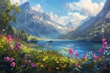 : Stylized nature landscape with vibrant wildflowers, showcasing a serene lake and majestic mountains in the background. Emphasize hues of pink, yellow, and blue.