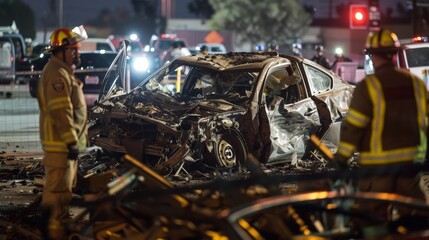 Fototapeta premium With investigators combing through the debris, the car crash aftermath becomes a puzzle to be solved, as authorities work diligently to piece together what led to the tragic event.