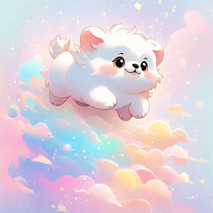 Cute white dog on a background of clouds. illustration.