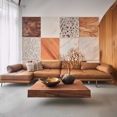 modern living room.an elegant interior design moodboard featuring a curated selection of stylish luxury materials such as leather, marble, timber, brass, and a coral piece, harmonized with neutral col