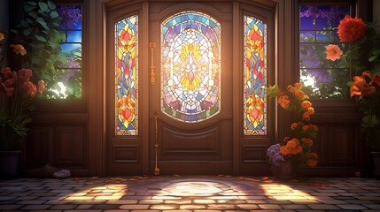 A charming cottage door adorned with a decorative stained glass window, casting colorful patterns...