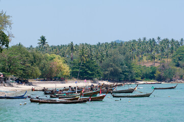 Traveling by Thailand. Beautiful landscape with traditional fishing longtail boats