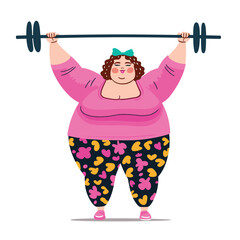 Curvy woman lifts weights, strength training. Happy plump lady exercising, fitness routine. Cartoon character working out, gym clothing, empowerment