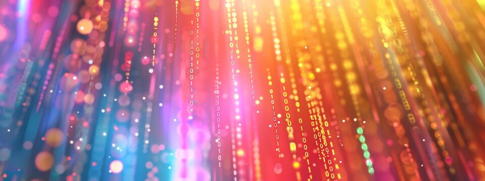 Digital background featuring binary code and light rays, creating an abstract tech inspired backdrop for design projects.