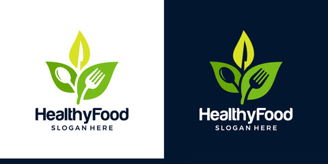 Healthy food logo design template. Organic food logo design vector. Fork, spoon, knife and leaves graphic symbol icon