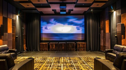 Naklejka premium Cinema room, luxury interior design for movie watching, AI generated for ads