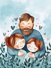 Father Day card set with cute watercolor images of father and son and daughter.