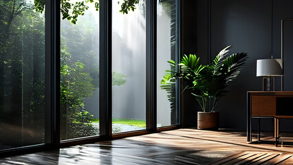 A minimalist interior with light from the window illuminating the interior of the room.