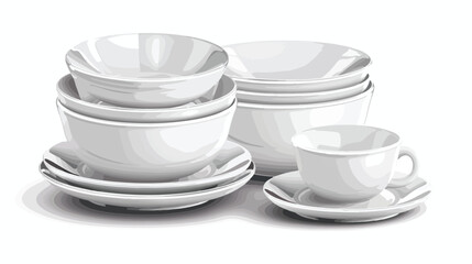 Clean ceramic plates and bowls on white background Vector