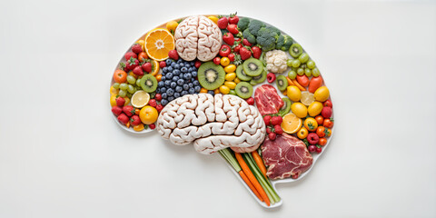 A creative representation of a human brain made up of white-colored foods on the left and colorful fruits, vegetables, and meats on the right, with a fork on the side, against a plain background