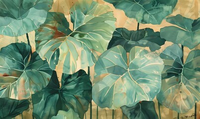 watercolor of big green leaves, Generative AI 