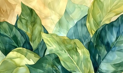 watercolor of big green leaves, Generative AI 